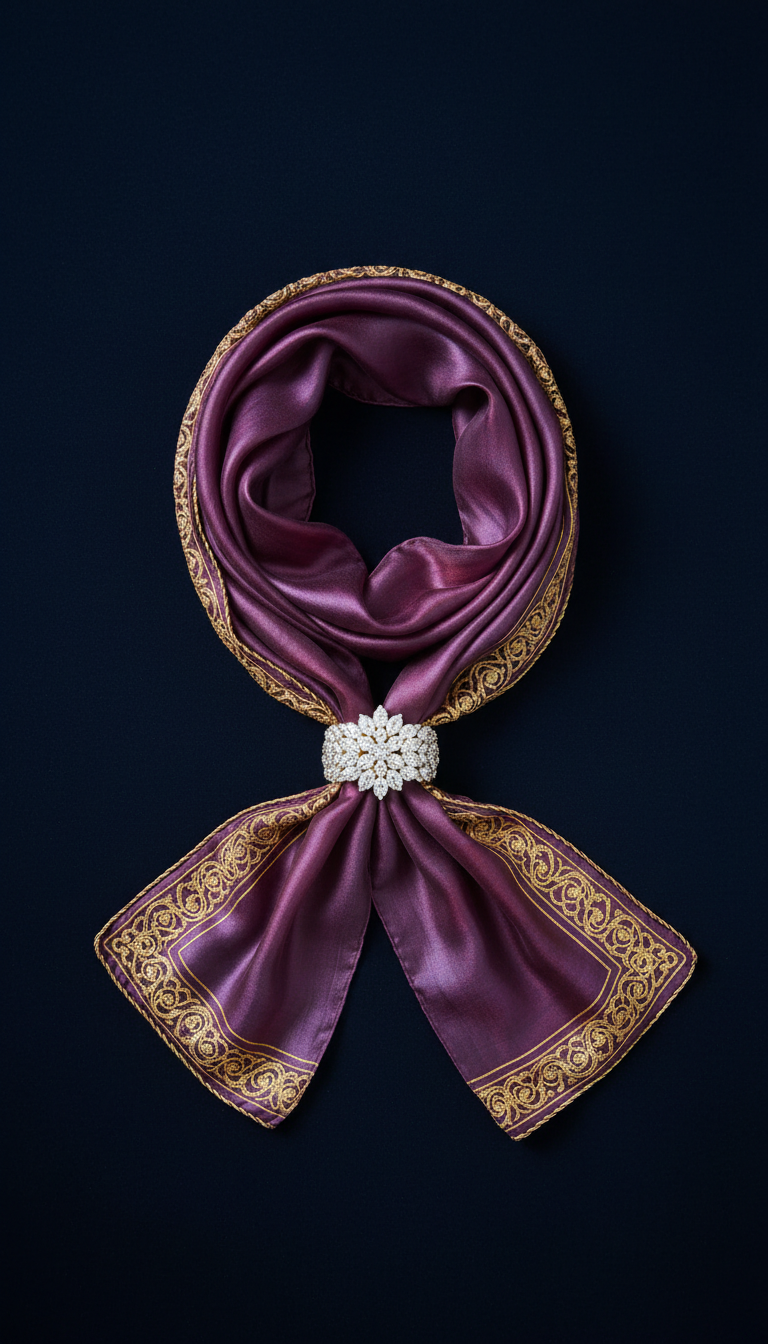 Smoky Amethyst Silk Scarf with Gold Filigree Trim