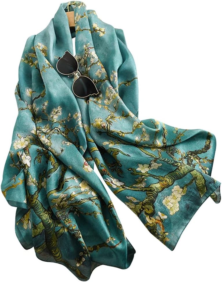 Apricot‑Tone Oil‑Painting Satin Long Silk Shawl Scarf
