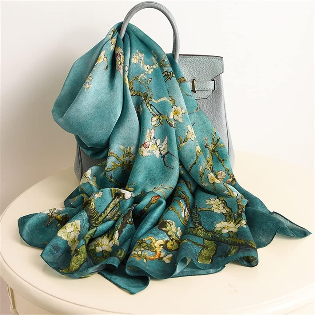 Apricot‑Tone Oil‑Painting Satin Long Silk Shawl Scarf