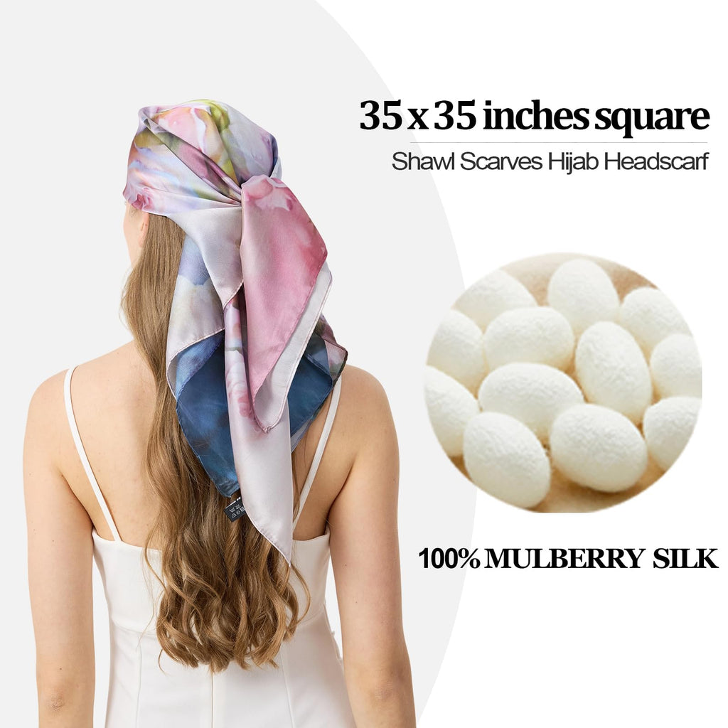 100% Mulberry Silk Head Scarf for Hair-Women's 35'' Square Silk Neck Scarf for Sleeping Wrap at Night