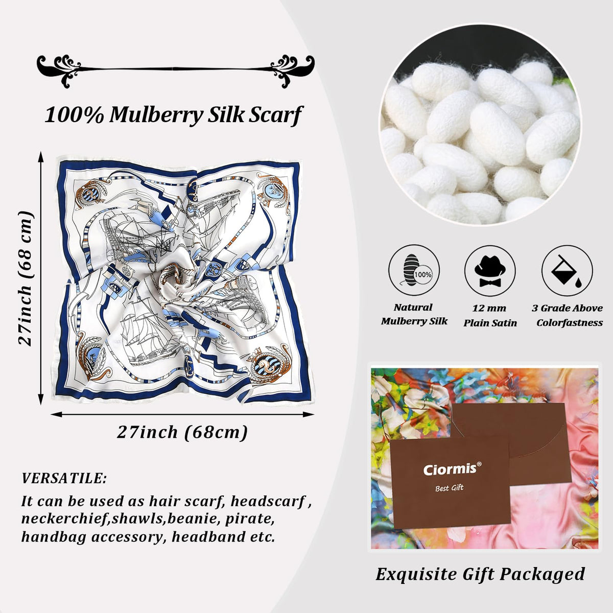 Ciormis 100% Mulberry Silk Scarf-Women's 21''/27''Square Silk Hair Head Scarf Neckerchief with Gift Packaged
