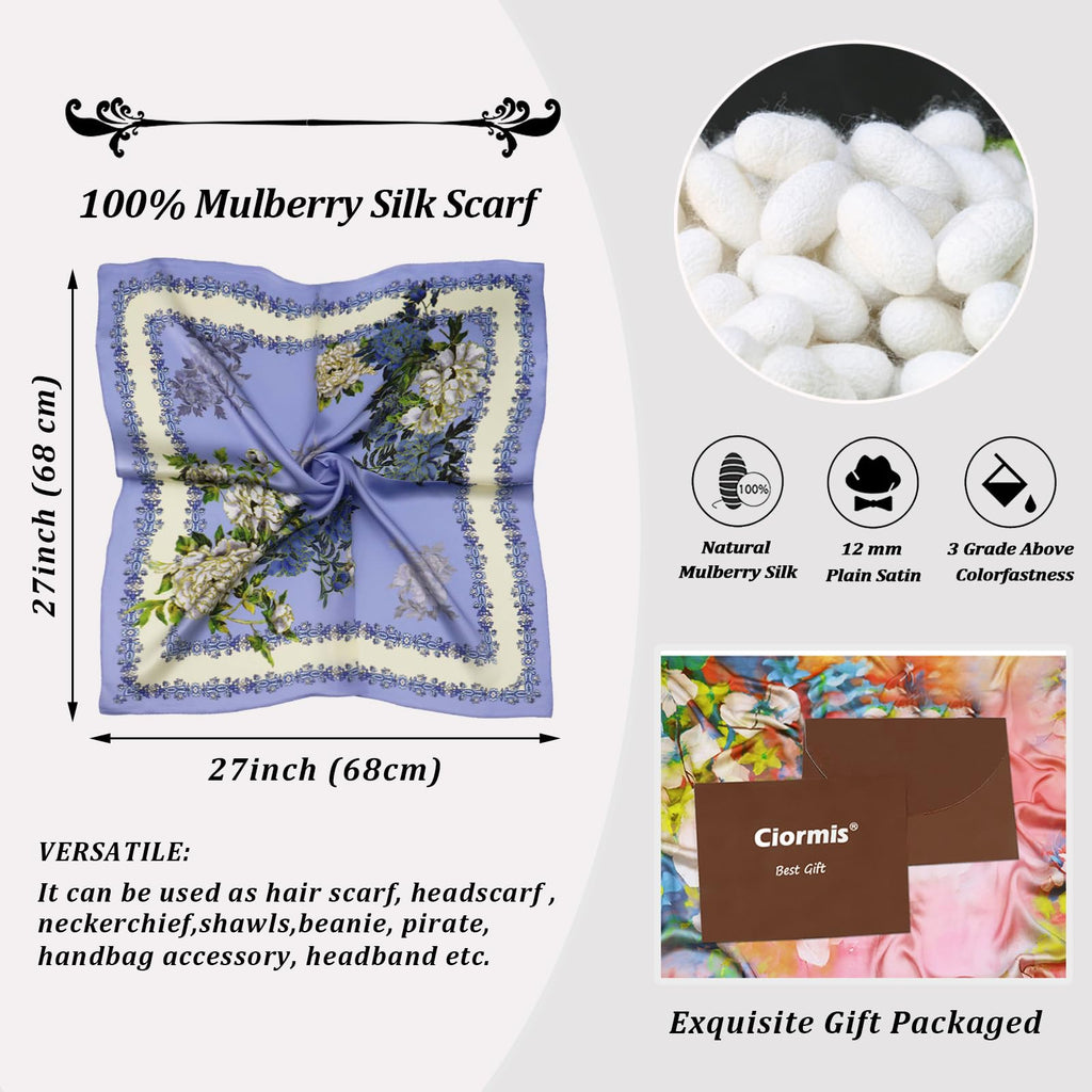 Ciormis 100% Mulberry Silk Scarf-Women's 21''/27''Square Silk Hair Head Scarf Neckerchief with Gift Packaged