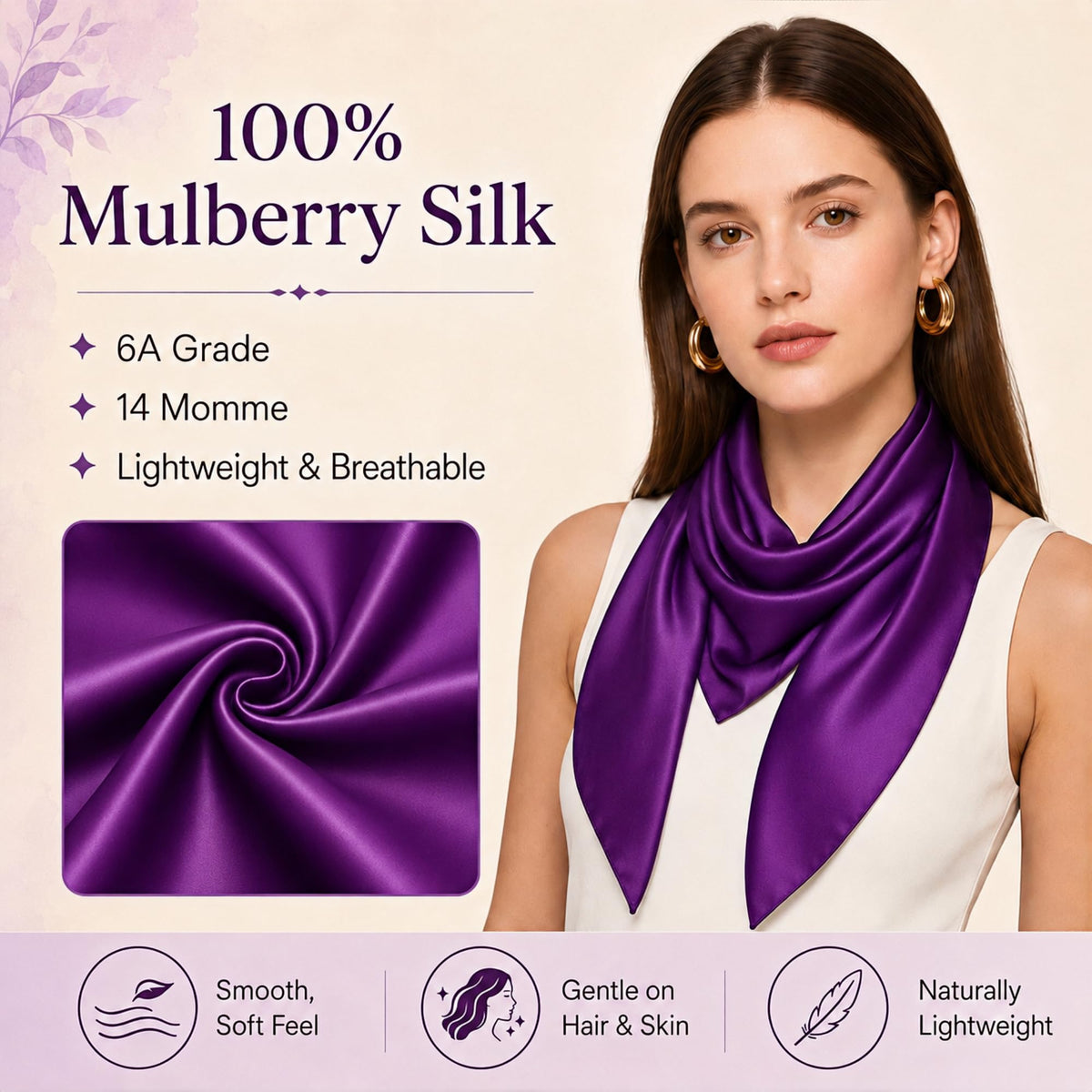 PoeticEHome 100% Mulberry Silk Head Scarf for Women, 35 x 35 Inch Square