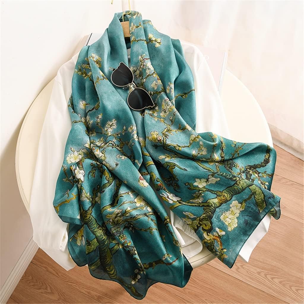 Apricot‑Tone Oil‑Painting Satin Long Silk Shawl Scarf