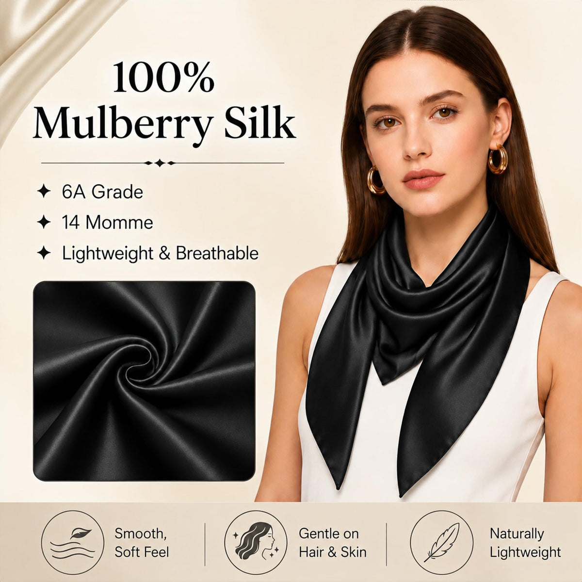 PoeticEHome 100% Mulberry Silk Head Scarf for Women, 35 x 35 Inch Square
