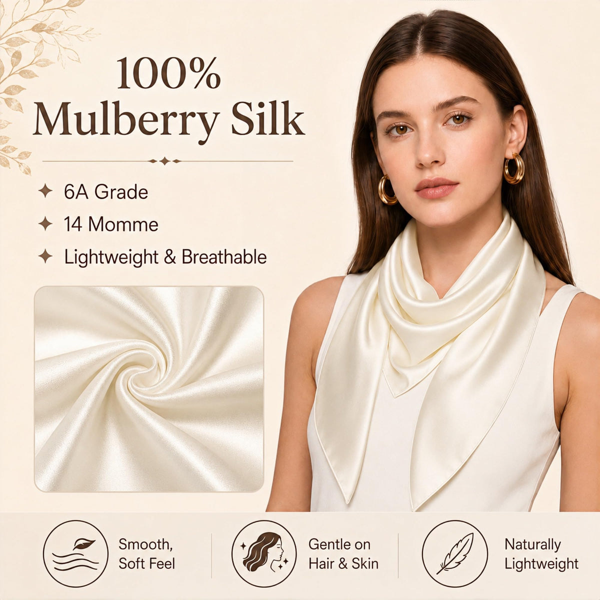 PoeticEHome 100% Mulberry Silk Head Scarf for Women, 35 x 35 Inch Square