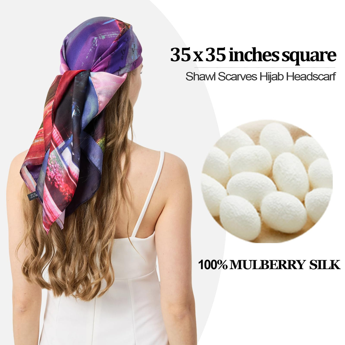 100% Mulberry Silk Head Scarf for Hair-Women's 35'' Square Silk Neck Scarf for Sleeping Wrap at Night