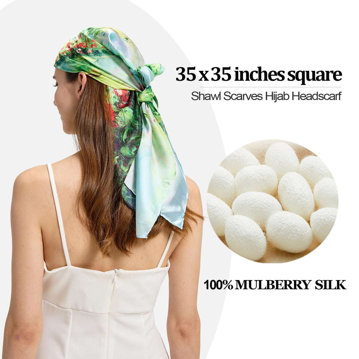 100% Mulberry Silk Head Scarf for Hair-Women's 35'' Square Silk Neck Scarf for Sleeping Wrap at Night