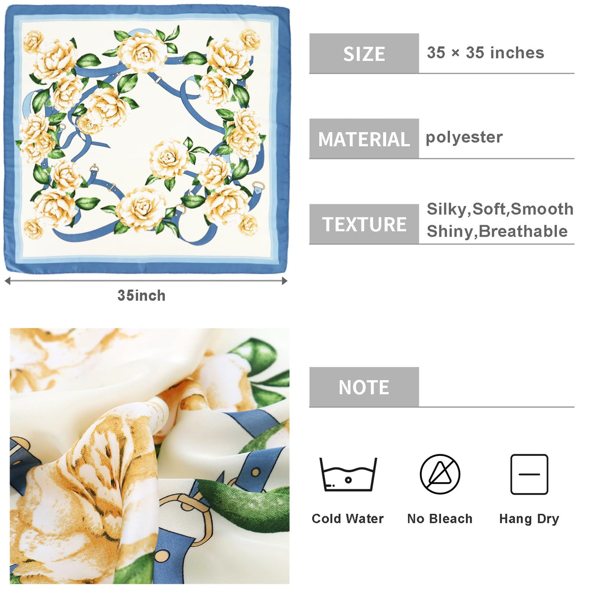 vimate 35" Square Silk Like Head Scarf - Women's Fashion Satin Scarf Bandana for Hair Wrapping at Night.