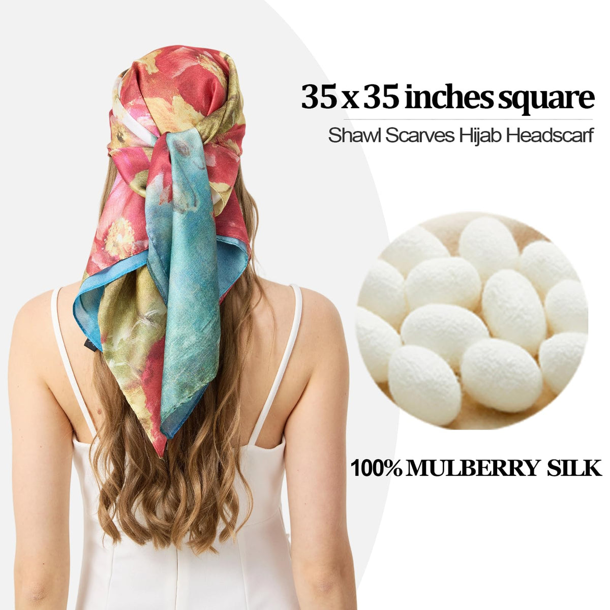 100% Mulberry Silk Head Scarf for Hair-Women's 35'' Square Silk Neck Scarf for Sleeping Wrap at Night