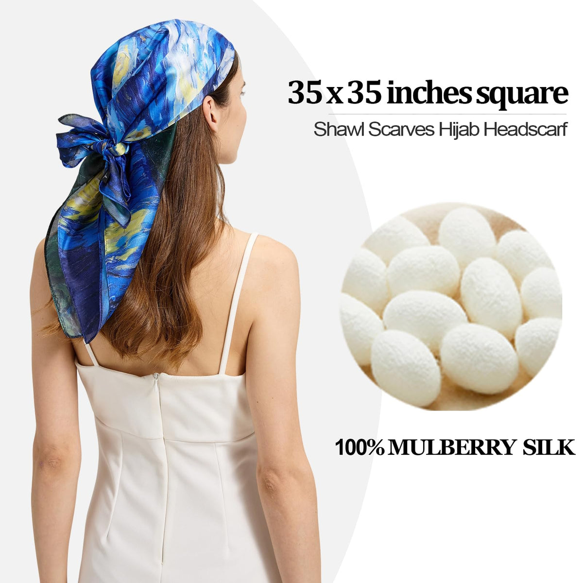 100% Mulberry Silk Head Scarf for Hair-Women's 35'' Square Silk Neck Scarf for Sleeping Wrap at Night
