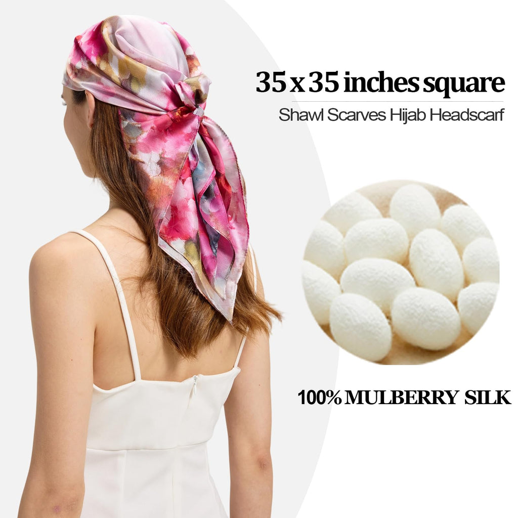 100% Mulberry Silk Head Scarf for Hair-Women's 35'' Square Silk Neck Scarf for Sleeping Wrap at Night