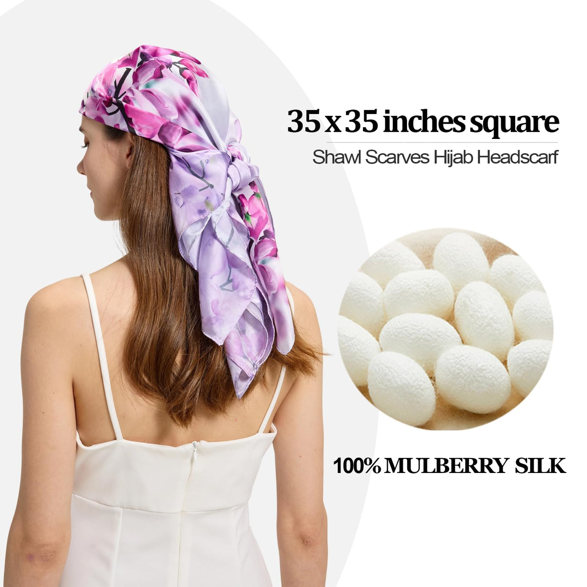 100% Mulberry Silk Head Scarf for Hair-Women's 35'' Square Silk Neck Scarf for Sleeping Wrap at Night