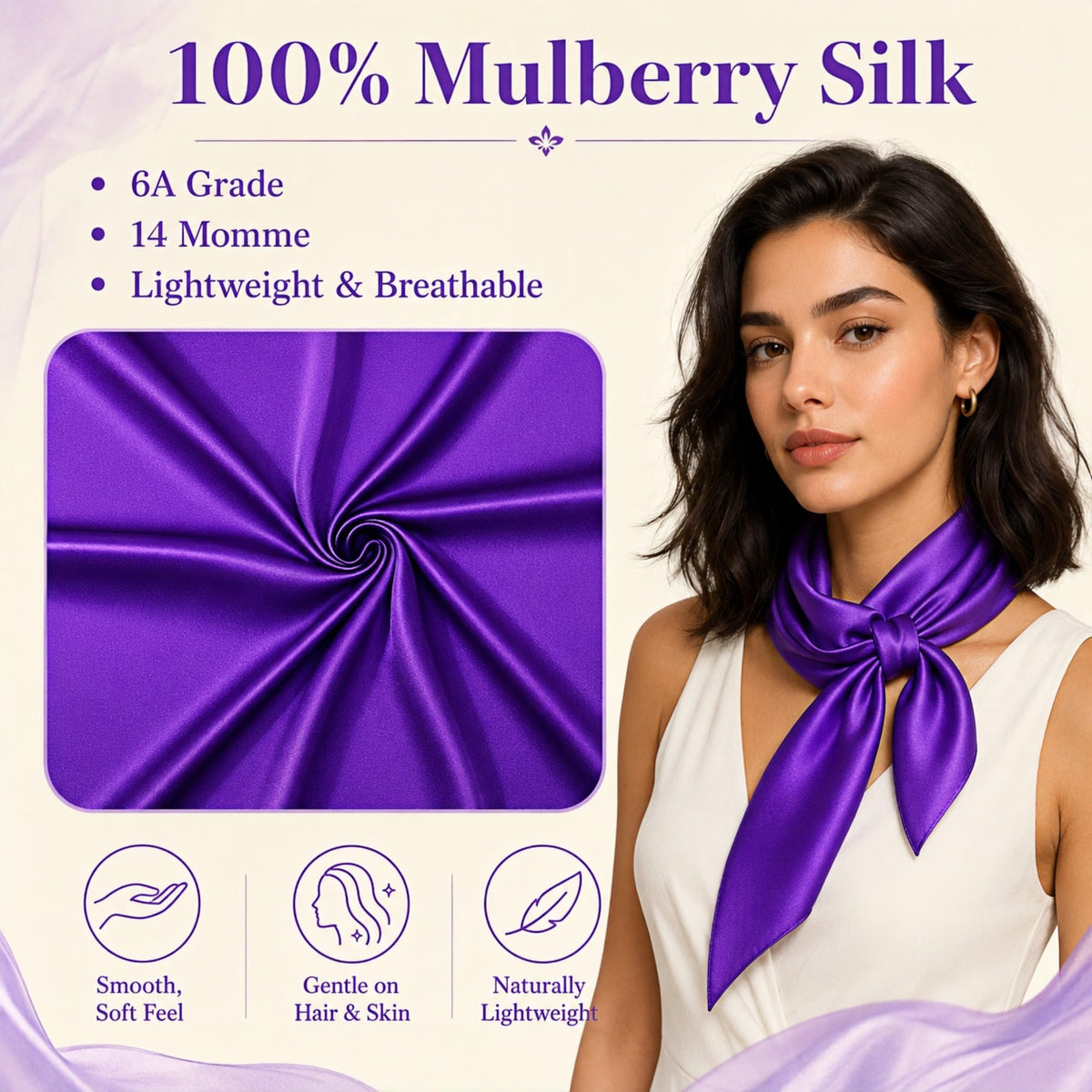 PoeticEHome 100% Mulberry Silk Head Scarf for Women, 35 x 35 Inch Square