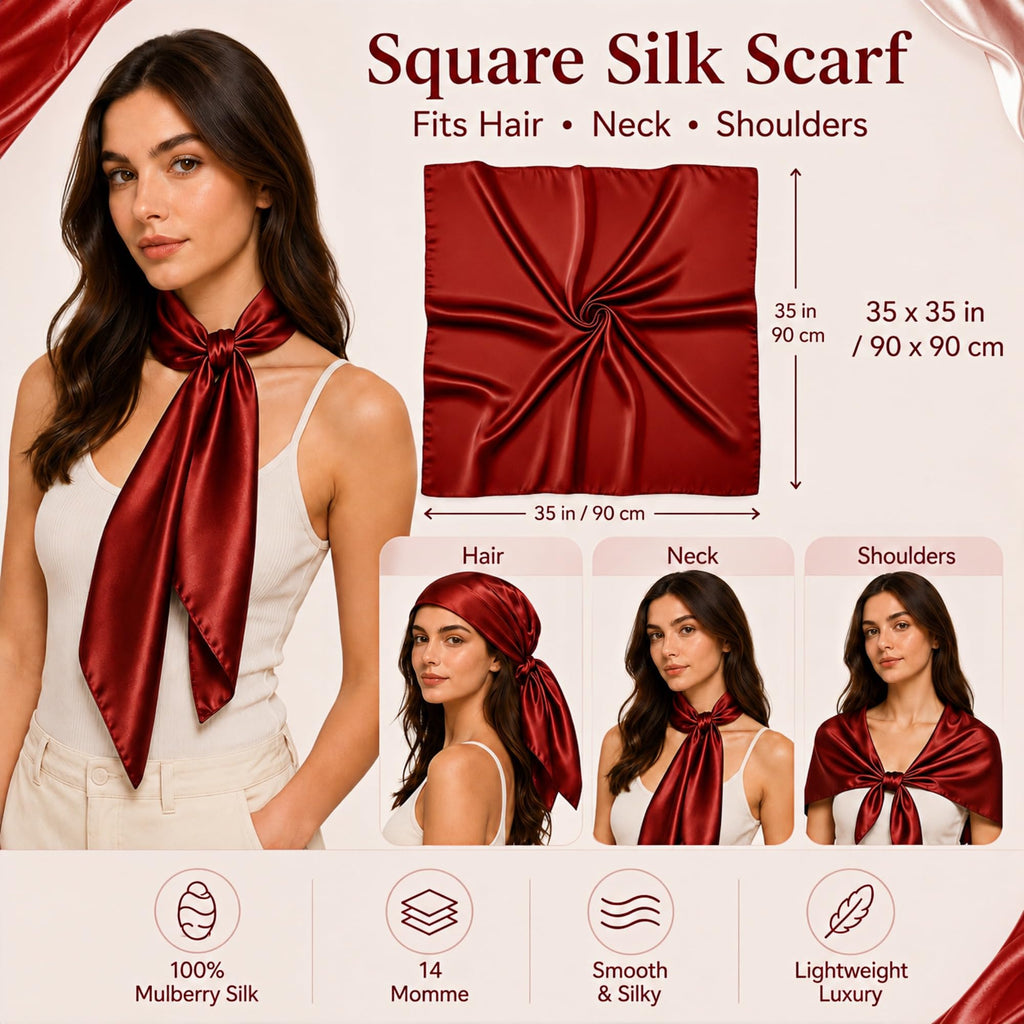 PoeticEHome 100% Mulberry Silk Head Scarf for Women, 35 x 35 Inch Square