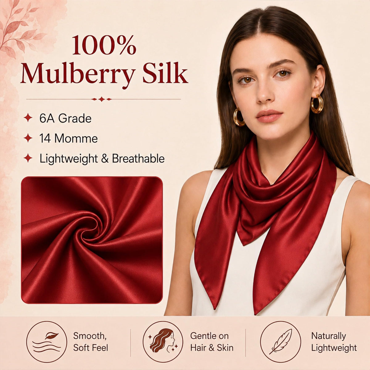 PoeticEHome 100% Mulberry Silk Head Scarf for Women, 35 x 35 Inch Square