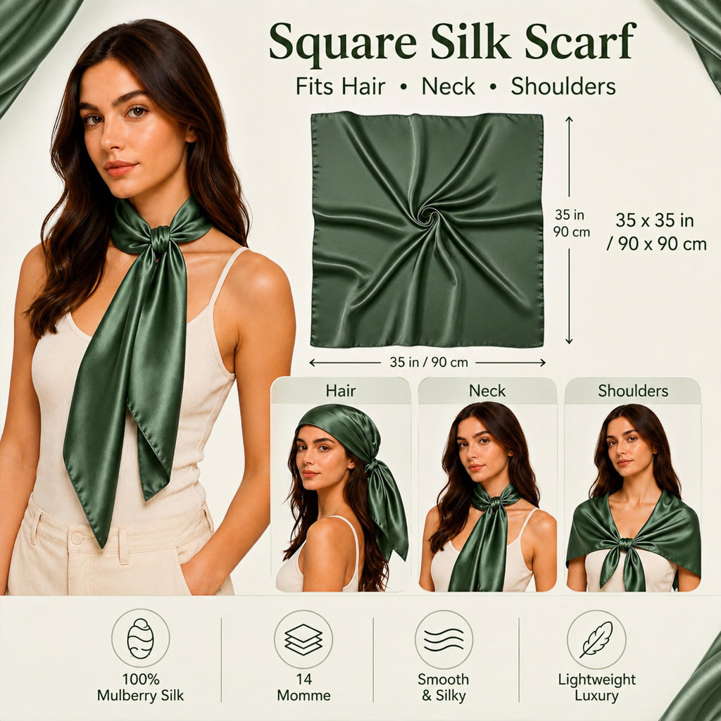 PoeticEHome 100% Mulberry Silk Head Scarf for Women, 35 x 35 Inch Square