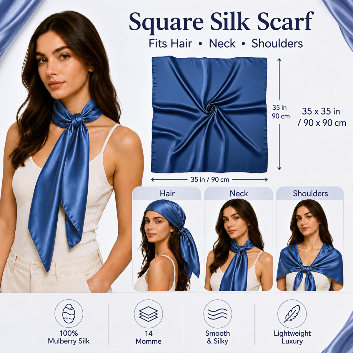 PoeticEHome 100% Mulberry Silk Head Scarf for Women, 35 x 35 Inch Square