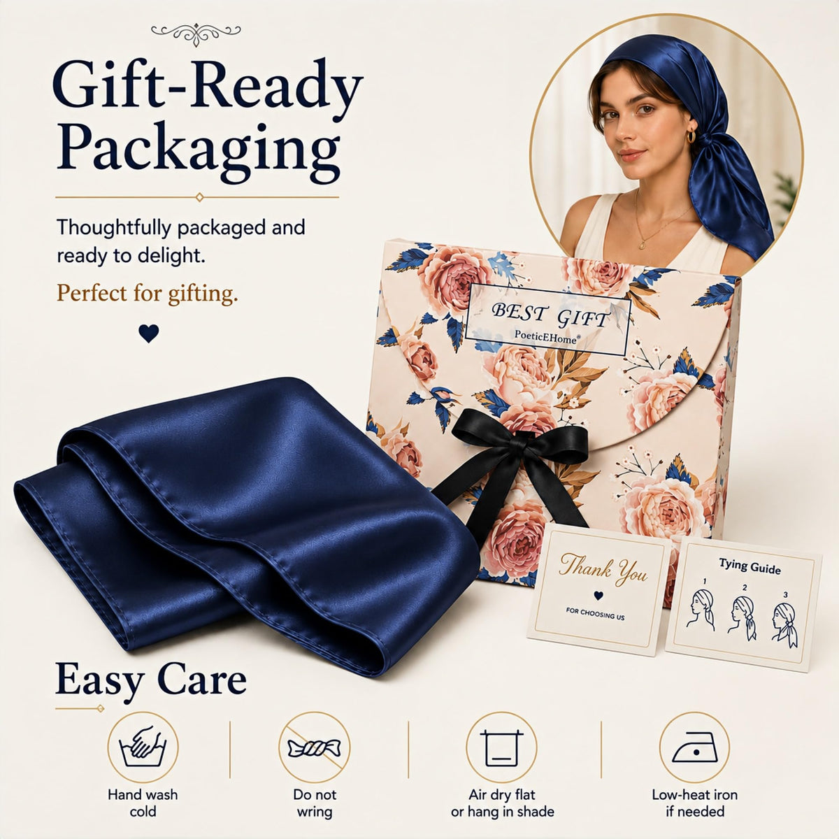 PoeticEHome 100% Mulberry Silk Head Scarf for Women, 35 x 35 Inch Square