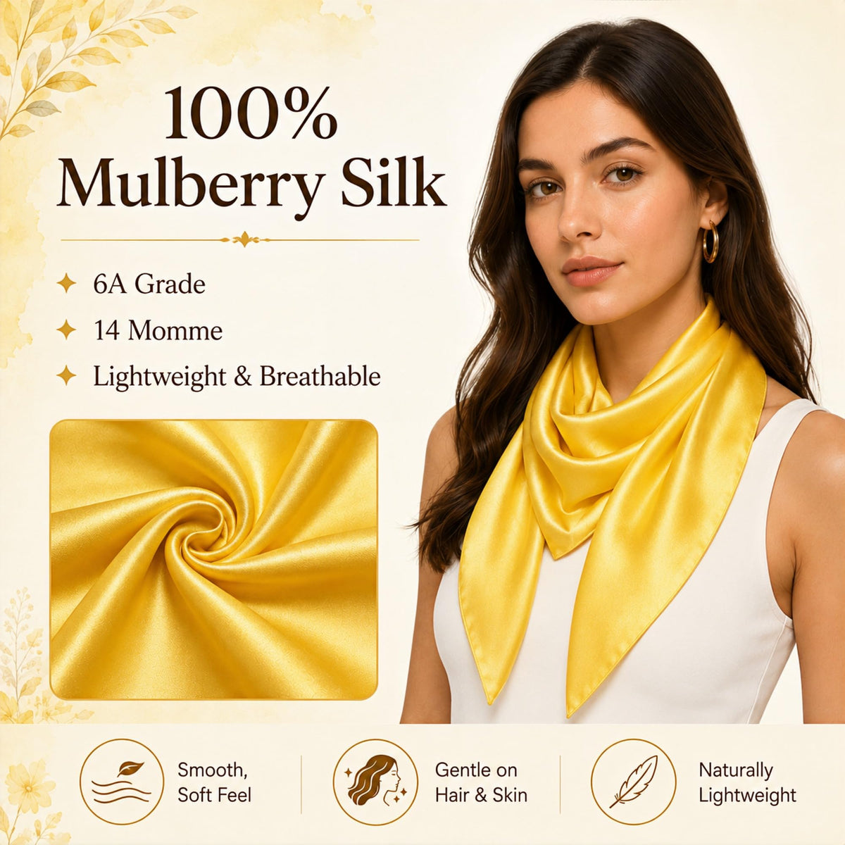 PoeticEHome 100% Mulberry Silk Head Scarf for Women, 35 x 35 Inch Square