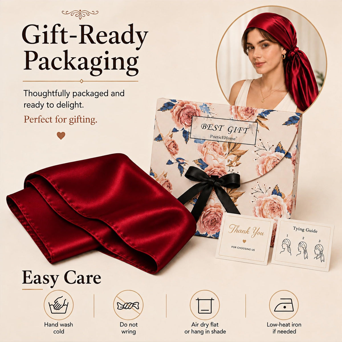 PoeticEHome 100% Mulberry Silk Head Scarf for Women, 35 x 35 Inch Square