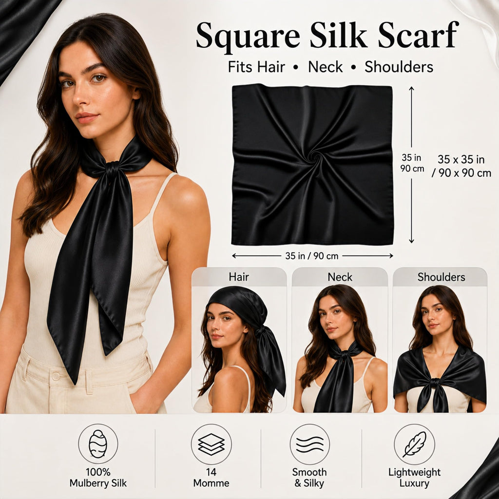 PoeticEHome 100% Mulberry Silk Head Scarf for Women, 35 x 35 Inch Square