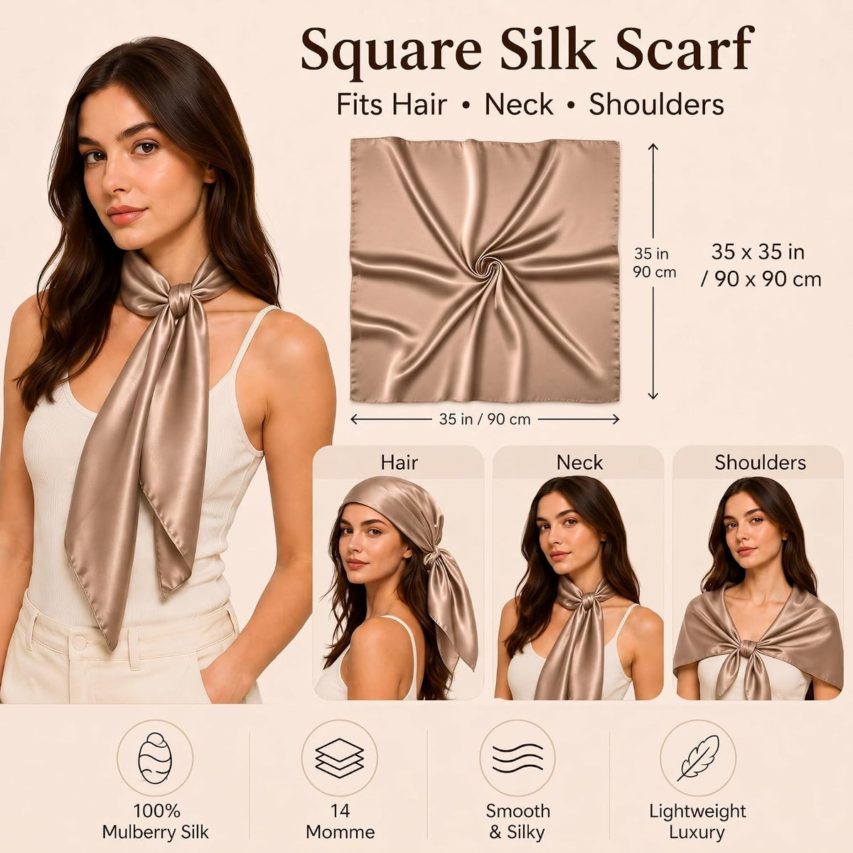 PoeticEHome 100% Mulberry Silk Head Scarf for Women, 35 x 35 Inch Square