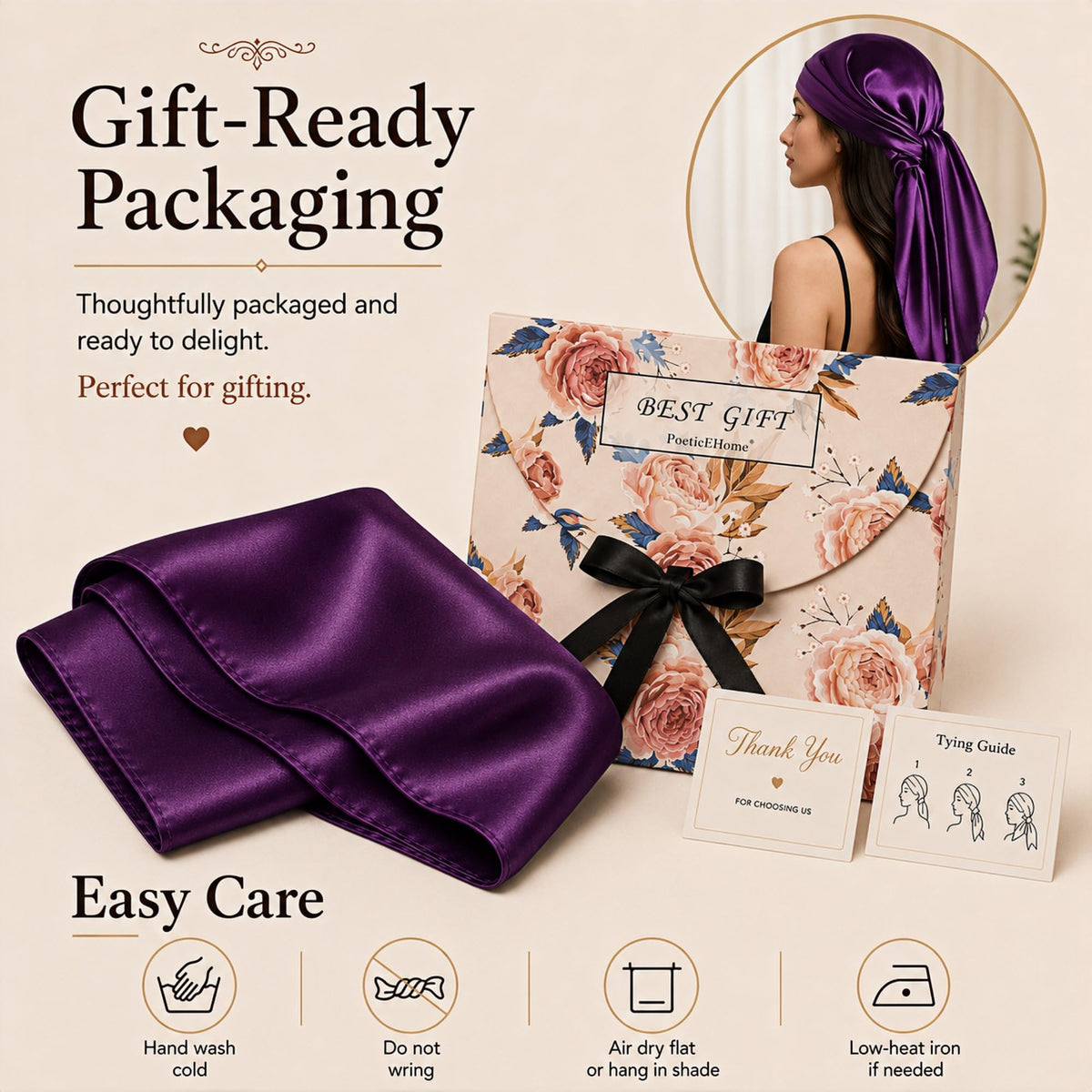 PoeticEHome 100% Mulberry Silk Head Scarf for Women, 35 x 35 Inch Square