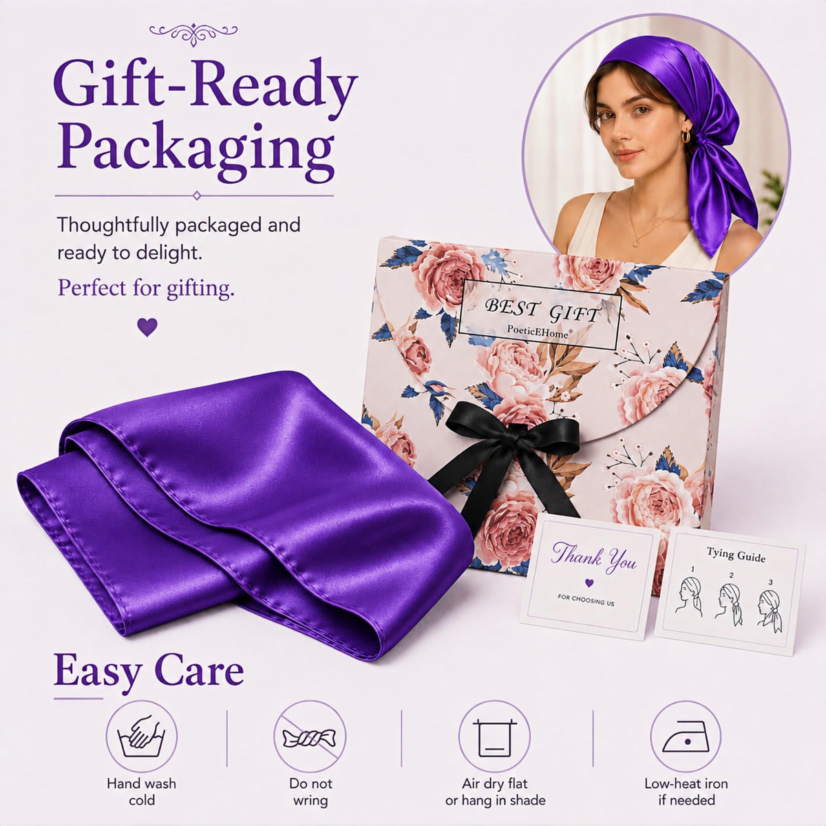 PoeticEHome 100% Mulberry Silk Head Scarf for Women, 35 x 35 Inch Square