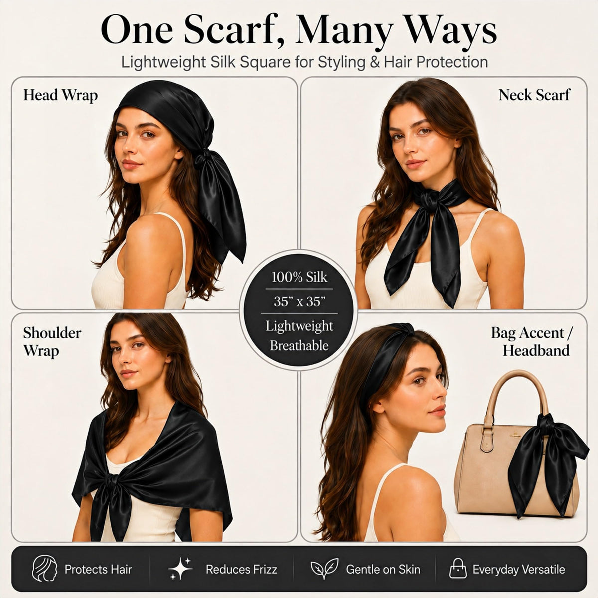 PoeticEHome 100% Mulberry Silk Head Scarf for Women, 35 x 35 Inch Square