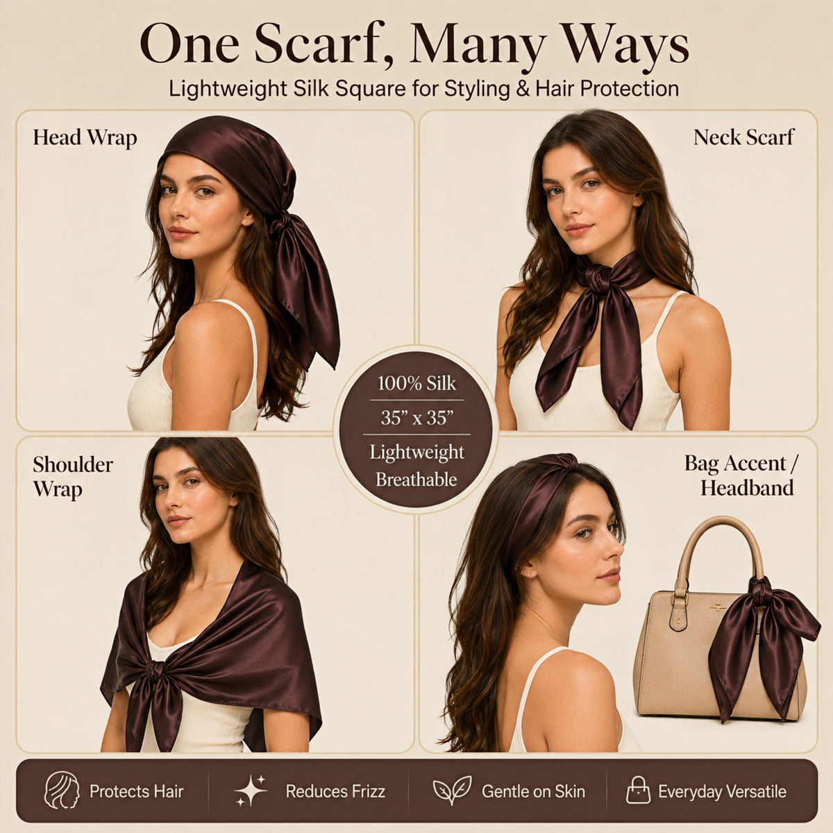 PoeticEHome 100% Mulberry Silk Head Scarf for Women, 35 x 35 Inch Square