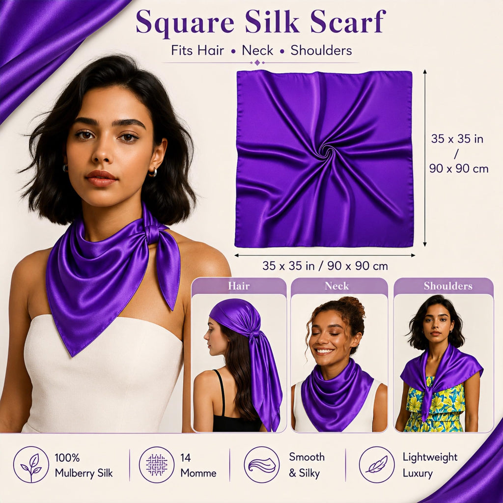 PoeticEHome 100% Mulberry Silk Head Scarf for Women, 35 x 35 Inch Square