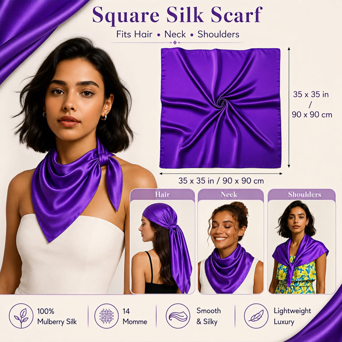 PoeticEHome 100% Mulberry Silk Head Scarf for Women, 35 x 35 Inch Square