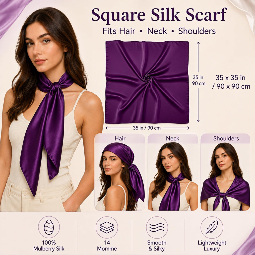 PoeticEHome 100% Mulberry Silk Head Scarf for Women, 35 x 35 Inch Square