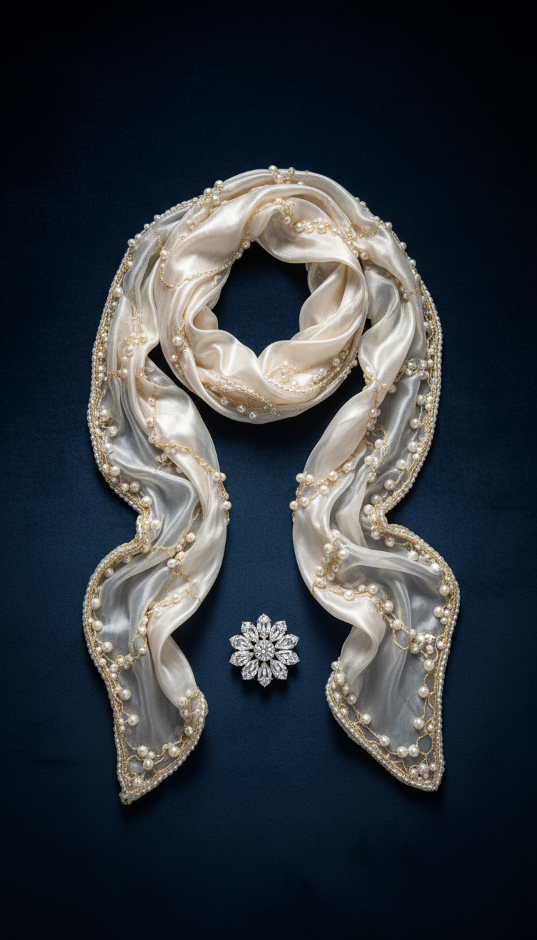 Pearl Veil Silk Scarf with 24K Gold Accent