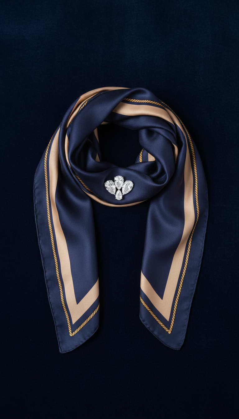 Midnight Navy Silk Scarf with 24K Gold Rope Trim