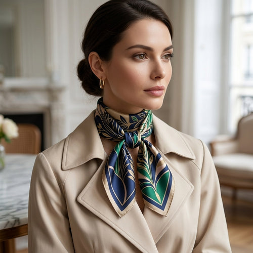 Modern Art Organic Floral Woven Silk Square Scarf (45x45 cm) – Royal Navy & Champagne Gold