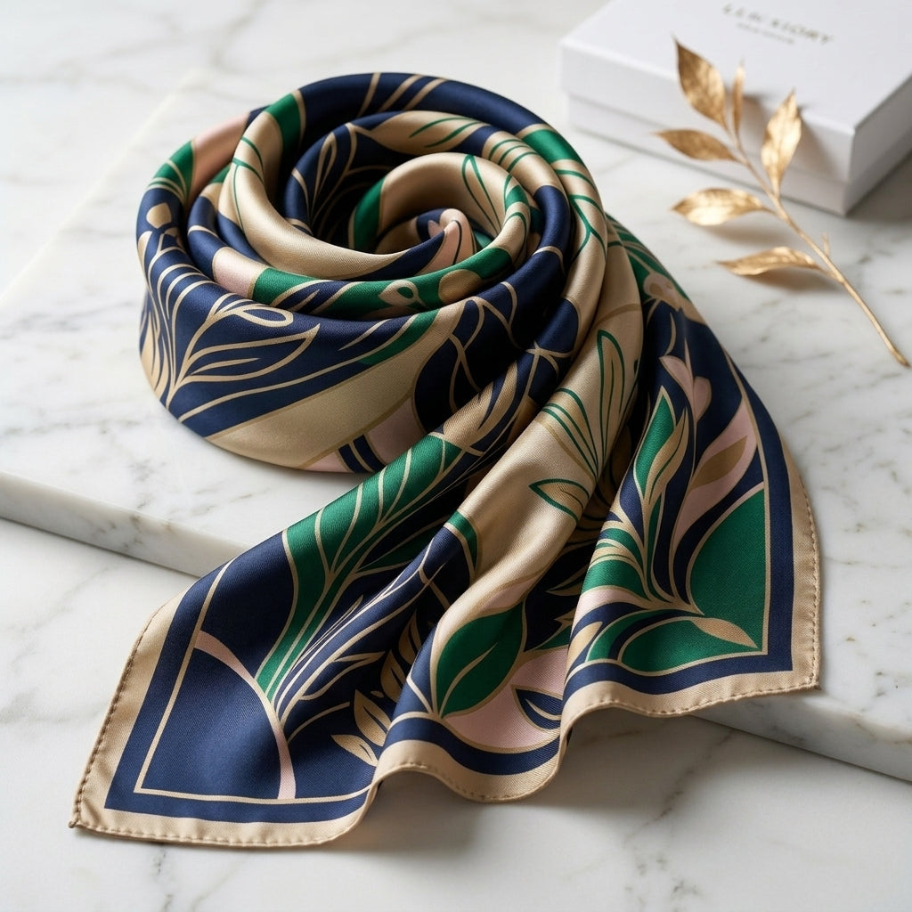 Modern Art Organic Floral Woven Silk Square Scarf (45x45 cm) – Royal Navy & Champagne Gold