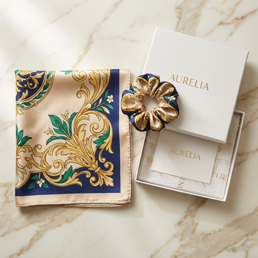Baroque Scrollwork Silk Scarf & Matching Silk Scrunchie 2-Piece Luxury Gift Set