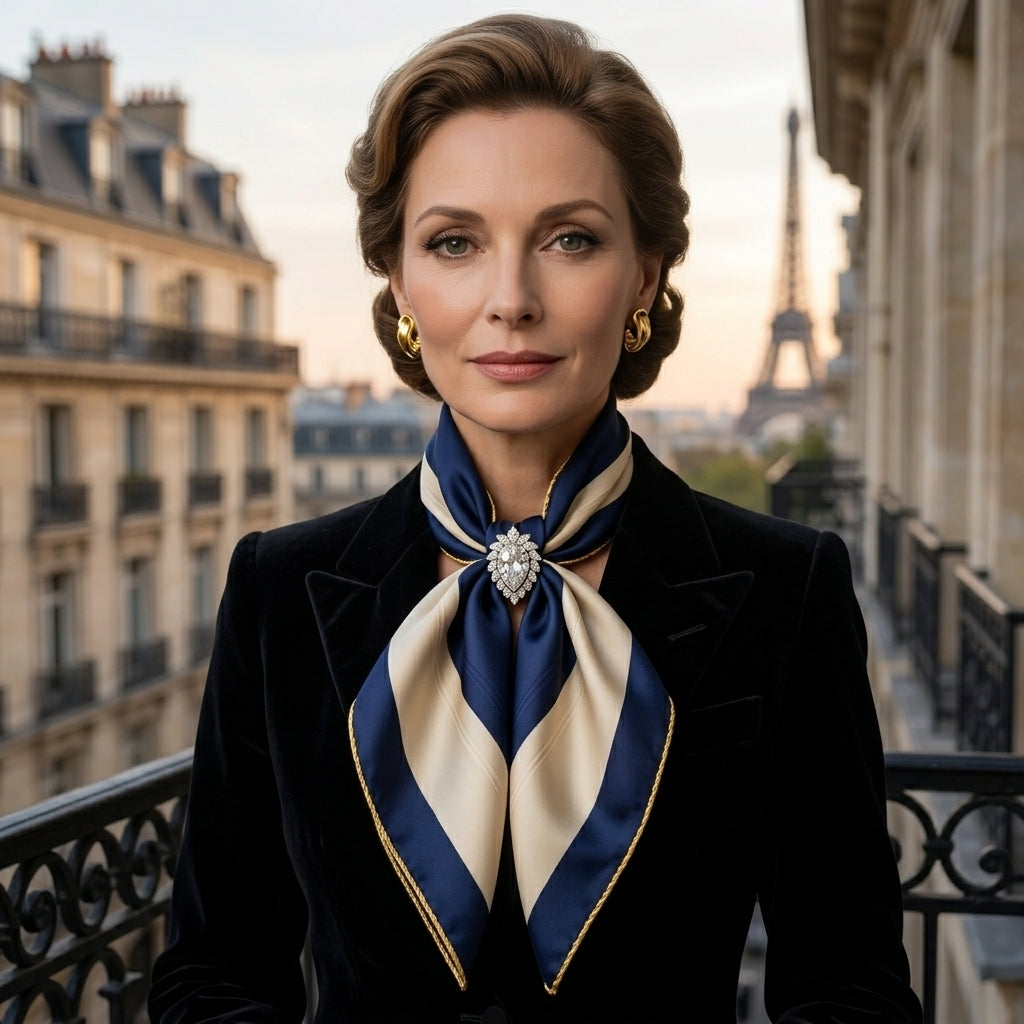 Haute Joaillerie Midnight Navy Mulberry Silk Scarf with 24K Gold Rope Trim & Pear-Cut Diamond Brooch