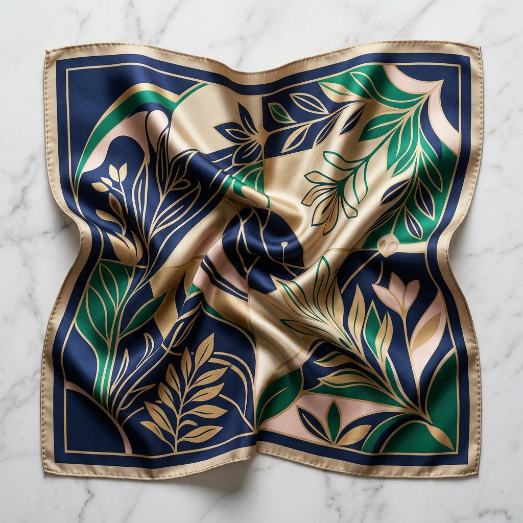 Modern Art Organic Floral Woven Silk Square Scarf (45x45 cm) – Royal Navy & Champagne Gold